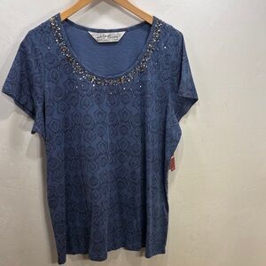 Avenue Classic Cotton Playful Blue Embellished Short Sleeve Top Size 18 /20